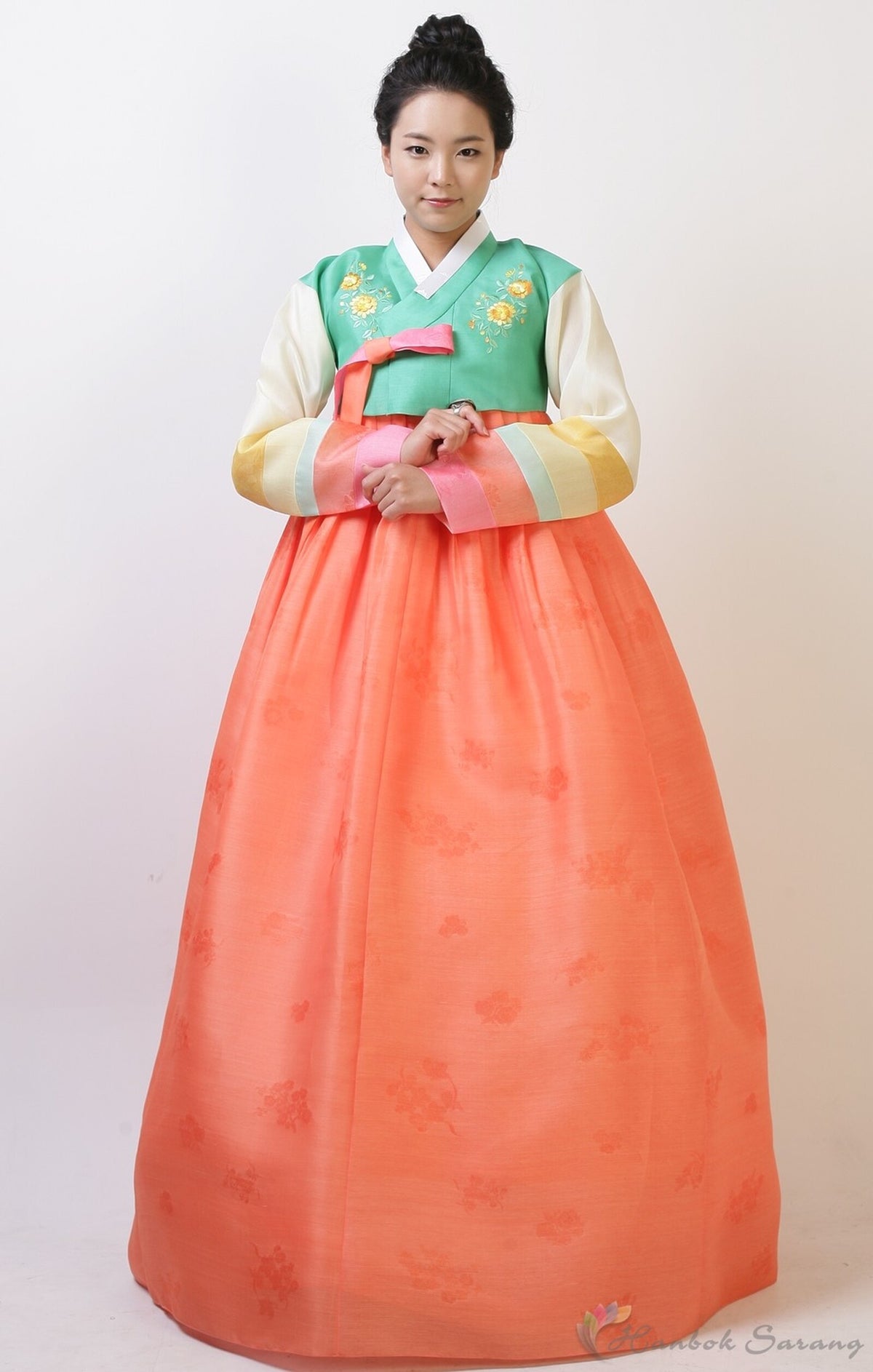 hanbok dress medium aquamarine top and orange skirt