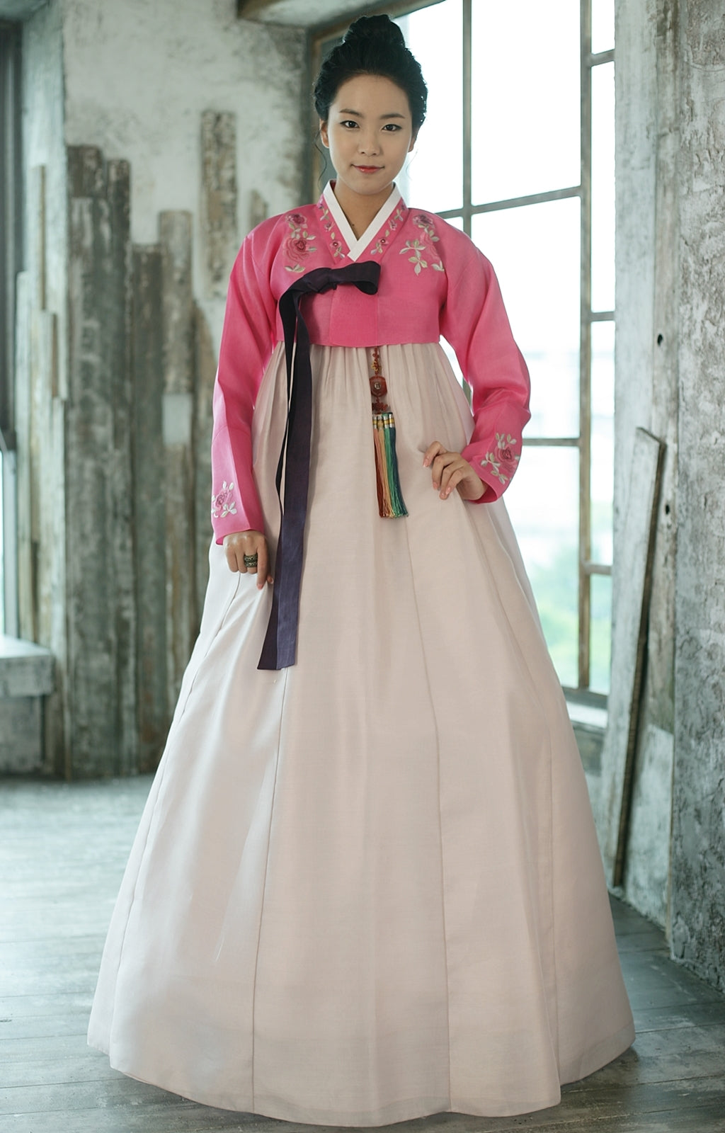 the hanbok of hotpink top light skirt