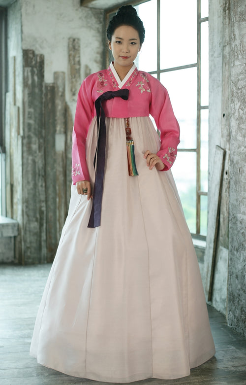 the hanbok of hotpink top light skirt