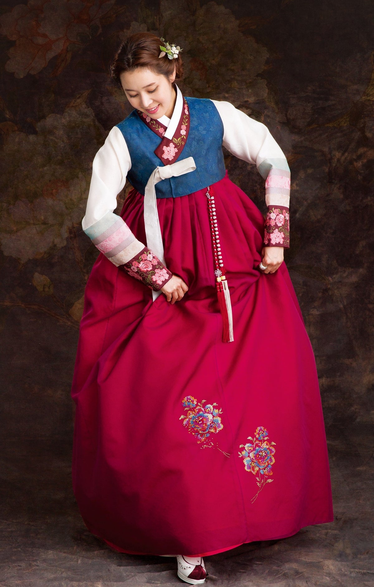 embroidered top and sheer layered skirt hanbok
