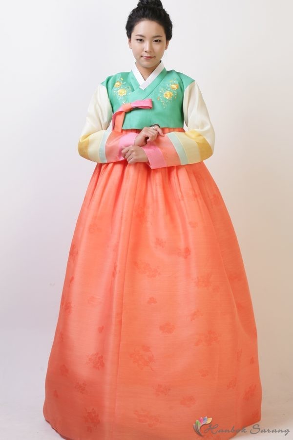 hanbok dress medium aquamarine top and orange skirt