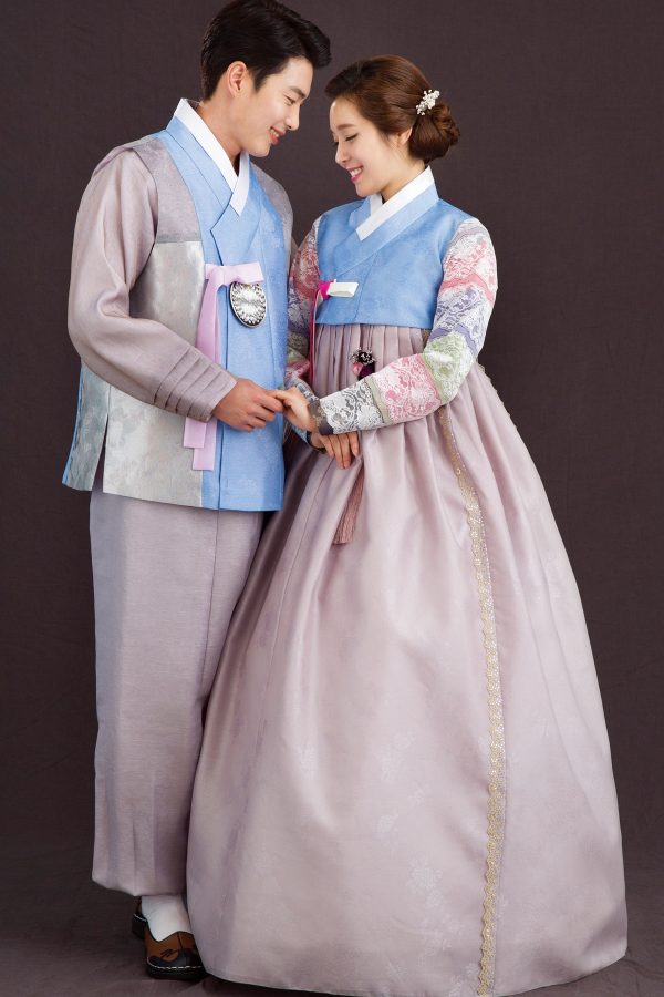 couple hanbok with gray and blue