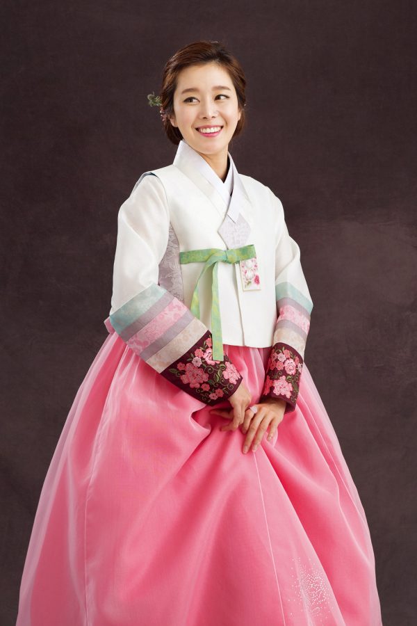 embroidered top and sheer layered skirt hanbok