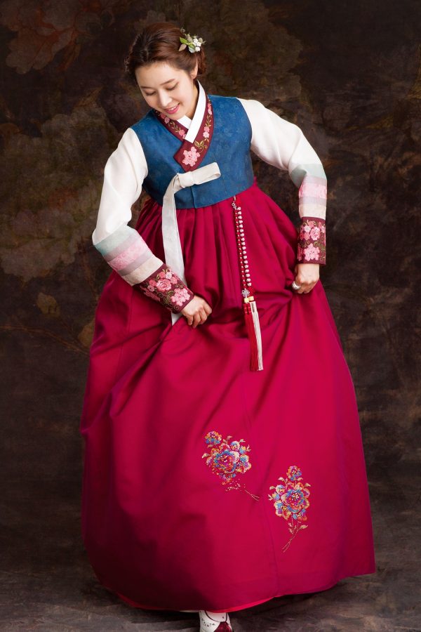 embroidered top and sheer layered skirt hanbok