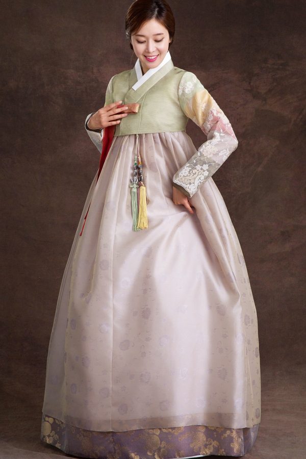 green color hanbok with gray skirt